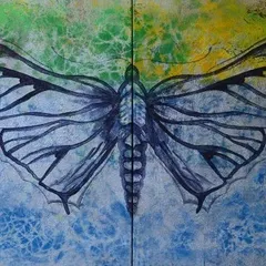 In Shraddha Rathi's art, the traditional interacts with the postmodern. This painting of a butterfly is rendered with a contemporary sensibility, using texture and a split color field to create a modern icon.