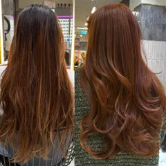 A side-by-side before and after of a major color correction. We transformed her hair from dry and brassy to a rich, vibrant, and healthy-looking amber red.
