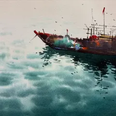 A solitary boat on the water, painted in watercolor. I used wet-on-wet techniques for the soft sky and water, with finer details on the boat to make it the focal point. This makes a beautiful custom seascape.