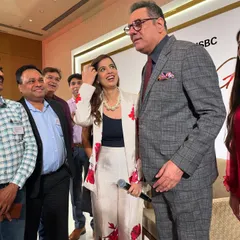 A candid moment of laughter with Boman Irani and guests. His compliment on my hosting and attire was a highlight of the evening.
