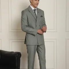 A full view of our grey pinstripe double-breasted suit. It is a timeless piece that works for the office, a wedding, or a cocktail event, proving its versatility and classic appeal.
