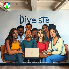 I designed this mural to celebrate diversity and teamwork within a company. The illustration shows individuals from different backgrounds collaborating, visually representing the client's commitment to inclusivity and a harmonious work culture.