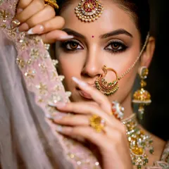 A captivating close-up from a styled shoot. The focus is on the intense, smokey eye makeup and the traditional jewelry, creating a powerful and dreamy bridal portrait.