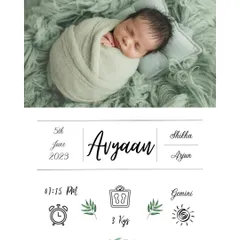 Here is the clean, digital version of the "Avyaan" birth announcement design. You can see the delicate details and layout clearly, from the leafy illustrations to the cute icons for time and weight.