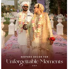 Bespoke decor for unforgettable moments. This image captures the couple walking down a custom-printed aisle, showcasing how we personalize every detail to tell their story.