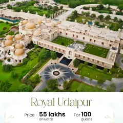 If a royal palace wedding is your dream, I make it happen. This is an aerial view of a majestic Udaipur property where we can host a regal celebration for 100 guests, with packages starting from 55 lakhs, including decor, rooms, and meals.