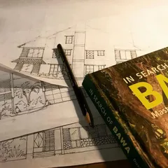 Our work is deeply inspired by the principles of master architects like Geoffrey Bawa, who masterfully blended buildings with nature. This image shows one of our hand-drawn elevations alongside a source of our inspiration, reflecting our commitment to the craft.