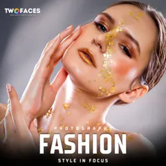 A close-up of the model's face and neck, with gold leaf creating a textured, artistic effect on her skin.
