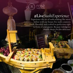 Our live sushi experience features creative presentations, like this sushi boat. It's a visually stunning way to serve fresh, handcrafted sushi that will be a centerpiece of your event.