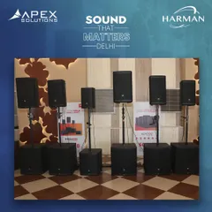 A display of various JBL PA systems, including portable column arrays and point source speakers on stands with subwoofers. This image from a 'Sound That Matters' demo event highlights the flexible and scalable sound solutions I have available.