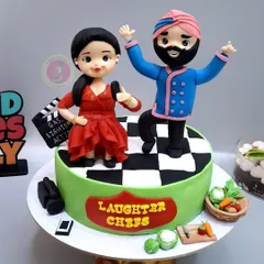 Our cake for the show "Laughter Chefs," featuring fondant figurines of the wonderful hosts, Bharti Singh and Chef Harpal Singh Sokhi. This opportunity came from a client referral, proving that good work and good relationships are everything.