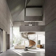 A digital visualization of an upcoming residence in Moradabad. This interior view highlights a key feature: a sculptural spiral staircase that acts as a central organizing element within a double-height living space, all rendered in exposed concrete.