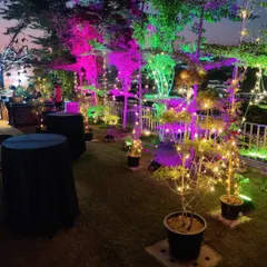 This image shows how we combine functional elements like cocktail tables with ambient lighting. The fairy lights wrapped around the trees and the colorful uplighting create a perfect party vibe.
