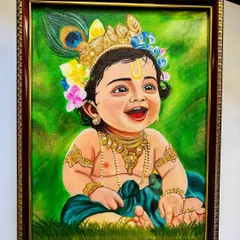 The pure, infectious joy of Bal Krishna is something I love to paint. This framed acrylic painting captures his divine laughter and playful spirit. It's a perfect piece to add vibrant, positive energy to a nursery, mandir, or any corner of your home.