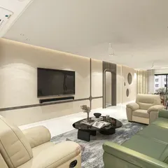 This render focuses on the living area, with its comfortable recliners, sleek TV wall, and built-in shelving. The design visualizes a space that is both stylish and perfect for relaxation.