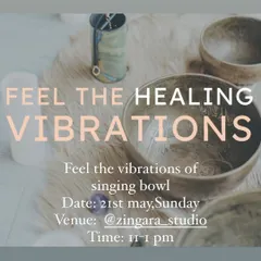 This graphic invites you to experience the tangible effects of a sound bath. The vibrations from the singing bowls are something you feel in your body, not just hear with your ears, helping to harmonize the brain and release stress. This is a direct invitation to one of our regular sessions at Zingara Studio.