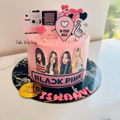 A cute Blackpink-themed cake for a true Blink. This pink cake features the group members and other K-pop inspired elements.