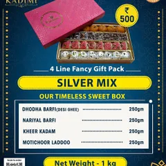 Our Timeless Silver Mix Sweet Box. The "Silver Mix" box is a timeless classic, featuring an assortment of Dhodha Barfi, Nariyal Barfi, Kheer Kadam, and Motichoor Laddoo.