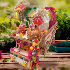 Our colorful and vibrant Lohri truck is ready to go! This handcrafted cart is filled with traditional potlis and decorated with mirrors, tassels, and pom poms, making it the perfect gift to celebrate the spirit of Lohri.