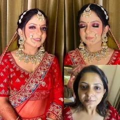 This is what it's all about: a stunning transformation. I focused on evening out the skin tone for a smooth canvas, accentuating the eyes with a dramatic smoky look, and adding a pop of color to the lips. The result is a complete bridal look that is both glamorous and elegant.