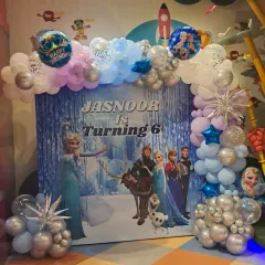 We bring fantasies to life with our fully themed party decorations. This Frozen-themed setup, complete with a custom backdrop and balloon arch, created a magical winter wonderland for Jasnoor's 6th birthday.