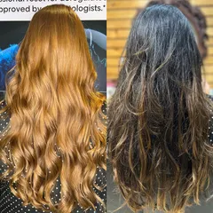 A side-by-side before and after of our Warm Desert global hair color. We corrected the previous color to achieve this rich, uniform shade.