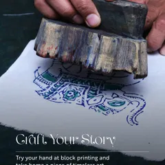 "Craft Your Story." A detailed shot of a hand using a wooden block for block printing. We invite guests to try their hand at timeless arts and take home a unique creation.