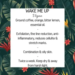 An info card for my "Wake Me Up" vegan soap. It details the benefits of coffee and citrus for exfoliation and reducing inflammation.