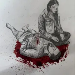 Art must sometimes reflect our reality, even the painful parts. This piece is my tribute to the victims of the Pahalgam attack. I used pencil and charcoal for the figures and stark red ink to convey the tragic loss, creating a powerful conceptual artwork that tells a somber story.