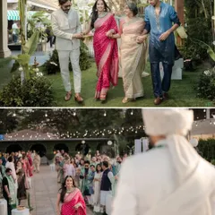 A collage showing the emotional bridal procession, with the bride walking with her family and the groom eagerly awaiting her arrival at the mandap.