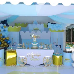 A full view of a Prince-themed 9th birthday party. The setup includes a tented ceiling, a castle backdrop, and gold accents, showing how we can adapt a theme for older children while keeping it fun and regal.