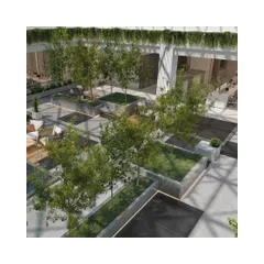 An aerial view rendering of the central biophilic courtyard at Hamdard Laboratories. The design integrates green spaces, water features, and informal seating directly into the office floor plan, making nature and wellbeing accessible to everyone.
