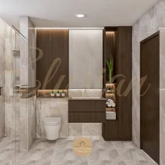 This bathroom design proves you can have ample storage without the clutter. We used a dark wood finish for the vanity and a tall storage cabinet, which contrasts beautifully with the light marble-effect tiles.
