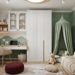 This "Mint Chocolate Coolness" design is for the little explorer. The wardrobe and desk unit in soft green and natural wood feels fresh and calming, with a canopy bed corner for imaginative play and a well-organized space for all their treasures.