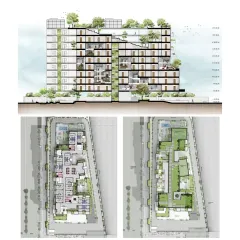 This is a conceptual design for Urban Nest, a student hostel. The architectural section and floor plans illustrate how we envision connecting built and unbuilt spaces with permeable green areas to support the mental health and well-being of students.