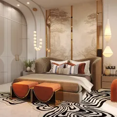 This bedroom is sculpted for serenity with soft curves and soothing vibes. From the walls to the ceiling, the seamless flow of curved forms and a contrasting sculptural chair bring a calm that you can feel.