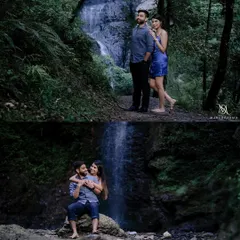 This collage shows the variety we can capture at a single waterfall location. From wide shots showing the scale of the landscape to intimate couple portraits, a waterfall pre-wedding shoot is always magical.