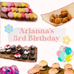 A colorful collage celebrating Arianna's 3rd birthday. It showcases the kid-friendly menu I designed, including mini burgers, chicken nuggets, macarons, and donuts.
