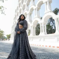 A full shot of our grey plaid Indo-Western lehenga. It's a unique piece for someone who wants to stand out.
