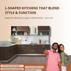 A classic L-shaped layout designed for modern Indian living. The warm wood-finish cabinets offer plenty of storage, while the layout ensures an efficient cooking process. This design is fully customizable to fit your space and style.