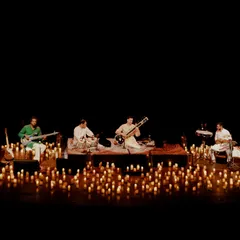 My performance at the historic Tagore Theatre in Chandigarh, surrounded by the warm glow of hundreds of candles. This simple, intimate setup is designed to help the audience feel grounded and present, allowing the music to have a deeper impact.