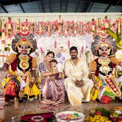 A unique naming ceremony where tradition meets folk art. The family is joined on stage by Yakshagana performers, adding a vibrant cultural element to the celebration, all framed by my traditional decor.