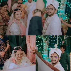 A collage of stolen glances during the wedding ceremony. These candid shots capture the sweet, unspoken communication between the bride and groom amidst the rituals.