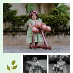 This is an example of our album layout style for a first birthday. We combine a primary portrait with smaller inset images, including black and white versions, to create a dynamic and visually interesting page.