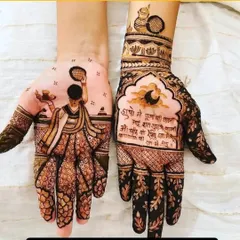 A beautiful Karwa Chauth design showing a woman with the 'puja thali' and a prayer written in Hindi. It's a very personal and spiritual design.