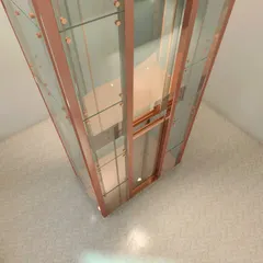 A top-down view of the 3D model for the glass capsule lift. This angle highlights the intricate rose gold frame and the transparent design, showing how it integrates seamlessly into the surrounding space while making a strong statement.