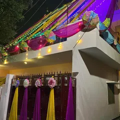 Another angle of the decorated home exterior, showing the details on the main gate.