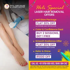 Celebrate Holi with our special laser hair removal offers. Get a flat 30% off on full body packages, a "buy 2 sessions, get 1 free" deal, and a 30% discount on the underarms and bikini combo.