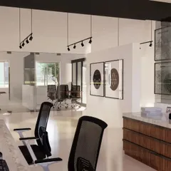 This render shows the view from the open employee workstations in the marketing office concept. The cabins are enclosed in glass to provide semi-privacy while maintaining the illusion of a large, open-plan layout, connecting the entire team visually.