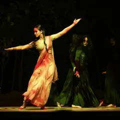 A moment of expressive movement during the 'Sitayana' stage show. My performances blend classical Indian dance techniques with contemporary storytelling to explore powerful themes.